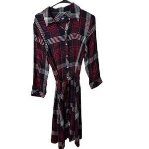 Tommy Hilfiger NWT Women Plaid Shirt Dress Belted Midi Black Red Size 10